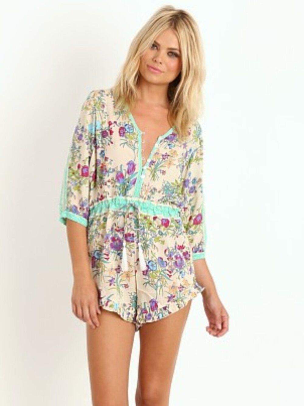 SPELL Gypsy Queen Cream and Green Floral 3/4 Sleeve Mini Romper